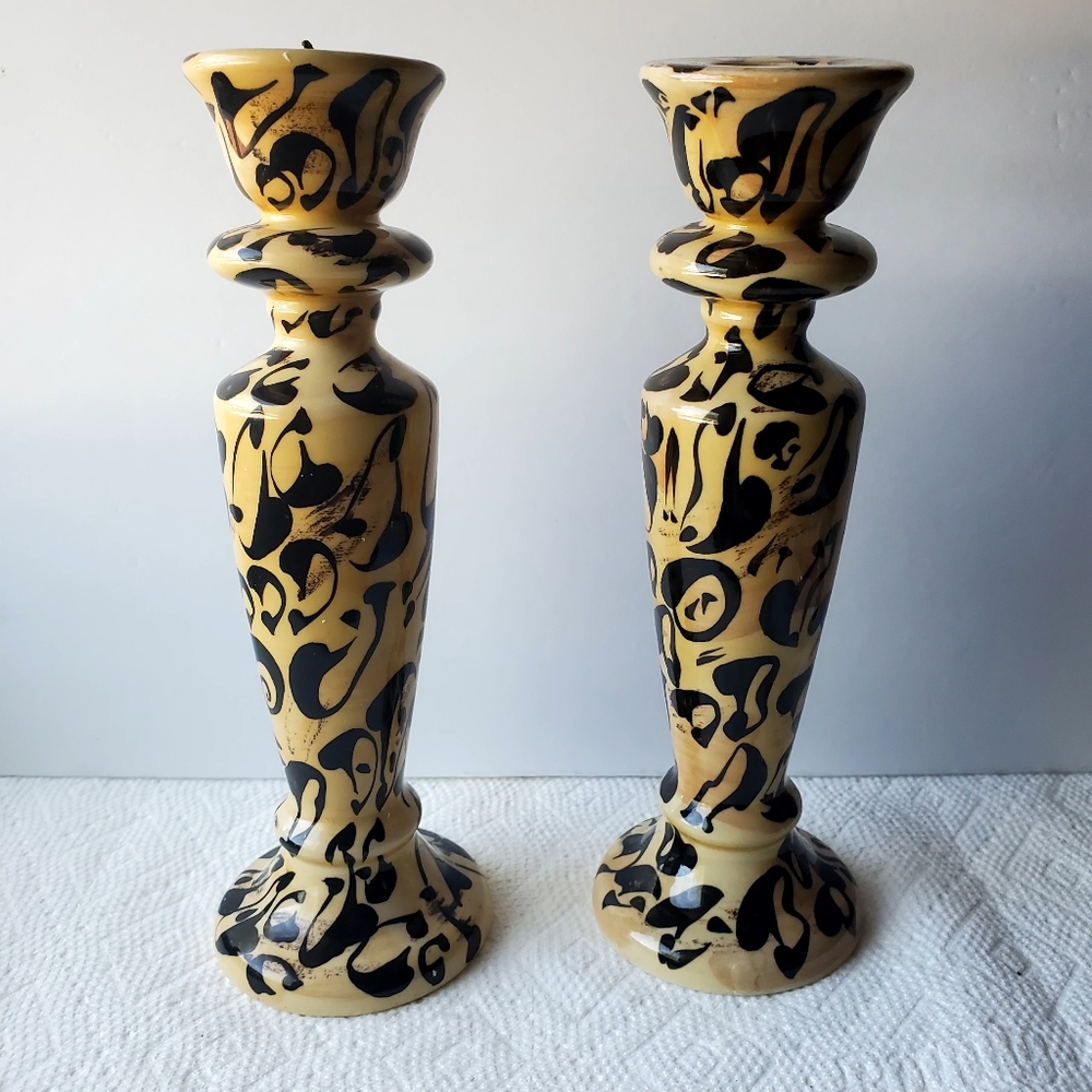 Candlesticks Hand Painted Signed Noble Vintage Porcelain. 10in tall.